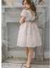Short Sleeves Pink Dotted Tulle V Back Flower Girl Dress
